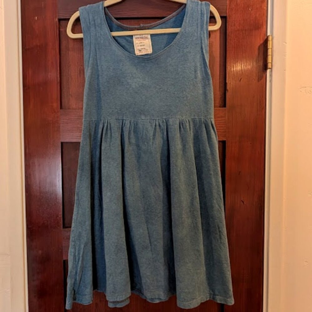 Small Indigo Bohemian Folk Sleeveless Babydoll Dress in Jersey Hemp Cotton Blend